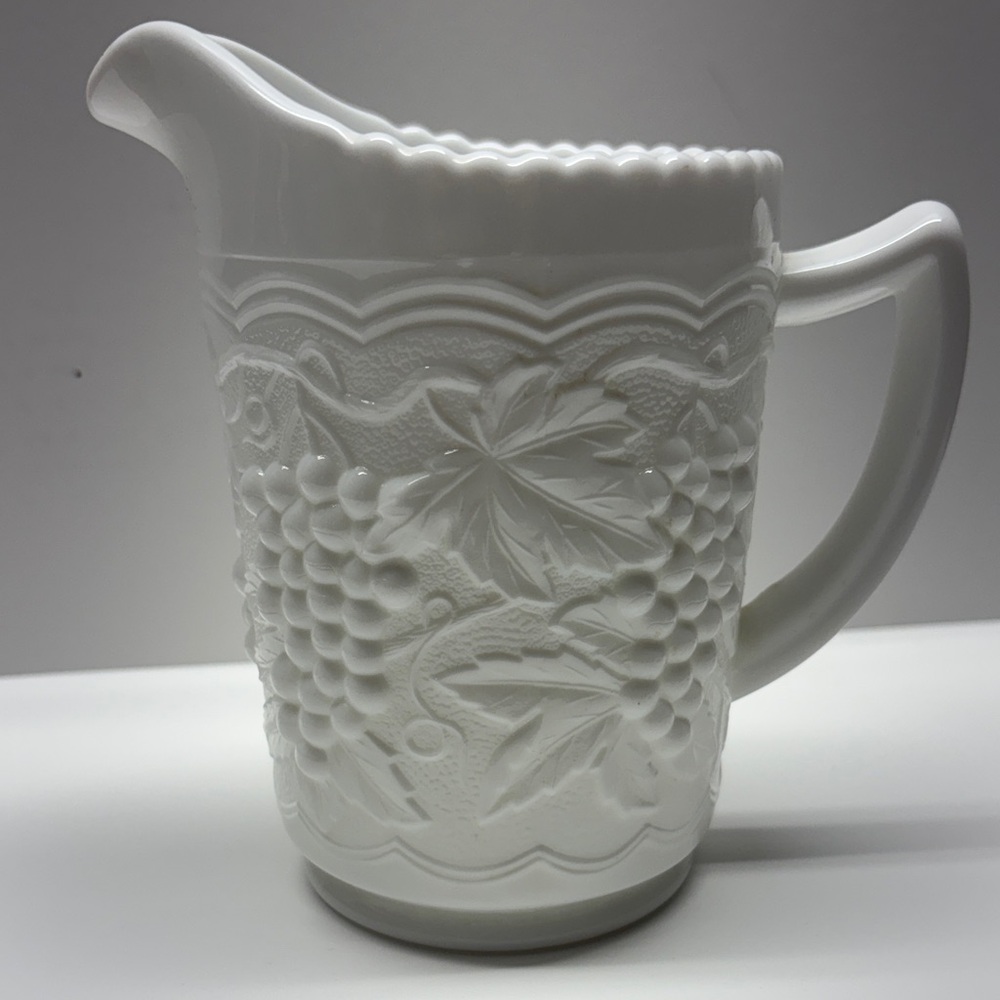 VINTAGE IMPERIAL MILK GLASS PITCHER GRAPE LEAF PATTERN